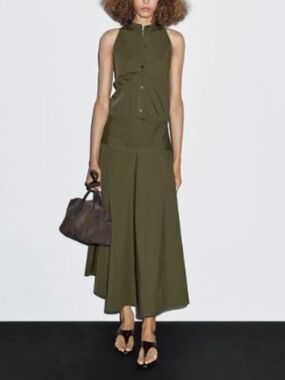 NWT Massimo Dutti Khaki Green Halter Drop-Waist Midi Dress Size 4 (US)